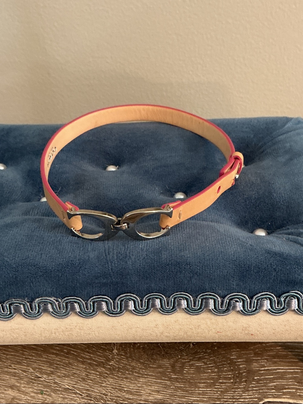 Coach Tan and Pink Leather Bracelet with Silver Horsebit Accent